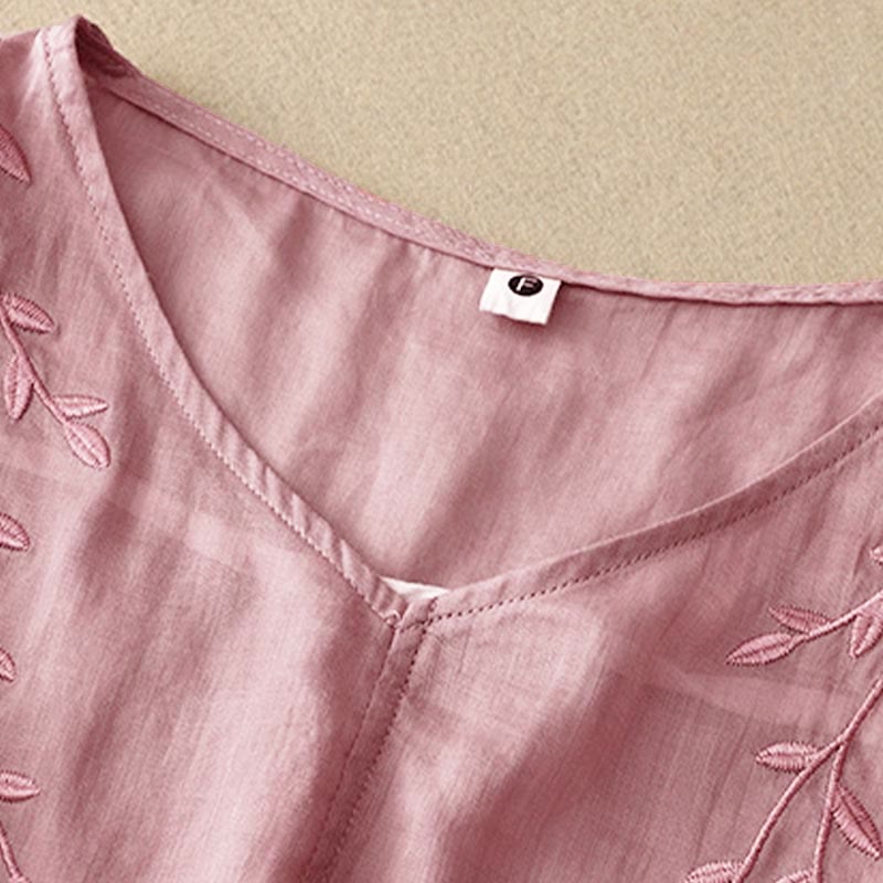 Camisa informal con cuello en V y media manga con bordado de hojas de sauce y Buddha Stones para mujer - image 2