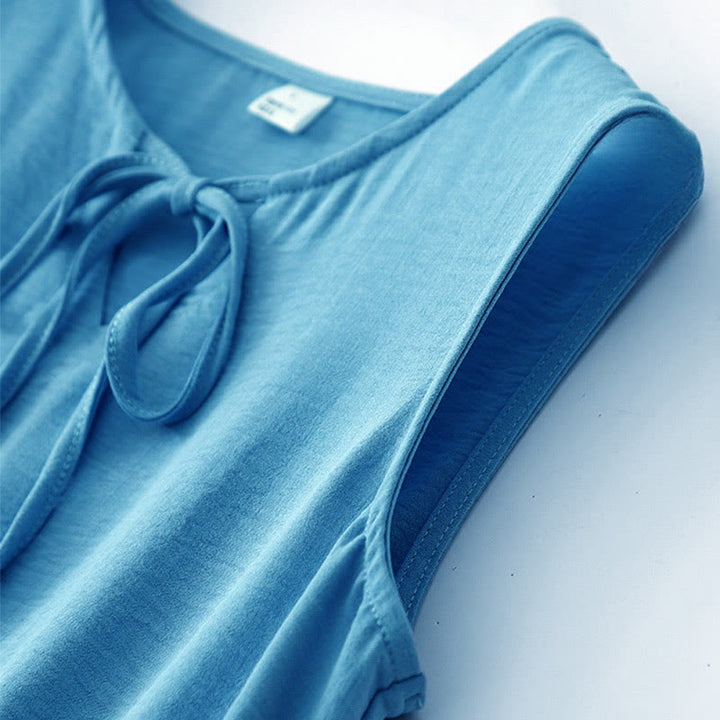 Vestido midi informal de lino y algodón sin mangas con bolsillos, hecho a mano, con cordones y Buddha Stones - image 7