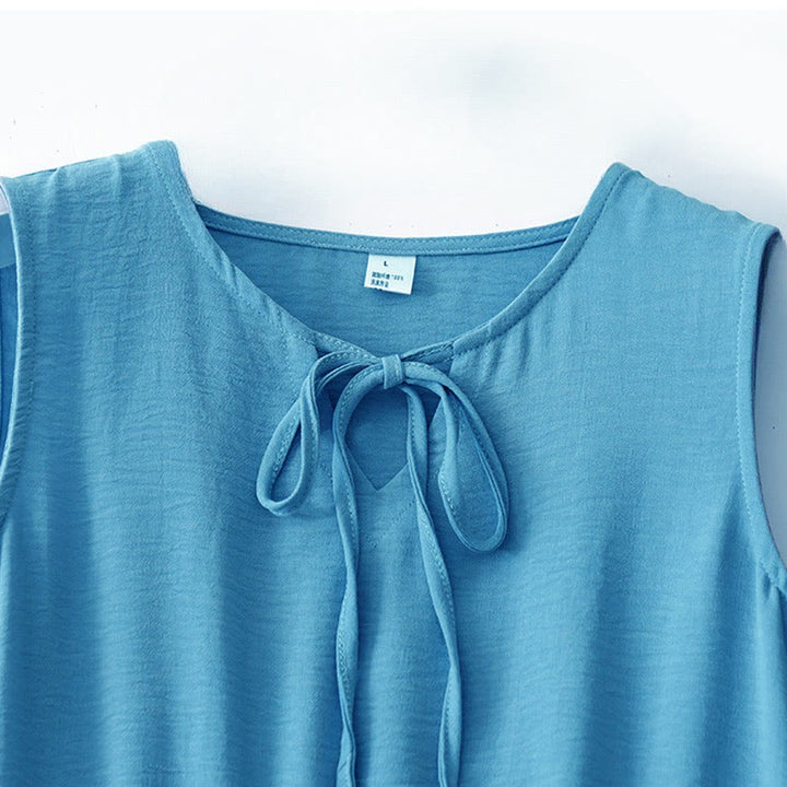 Vestido midi informal de lino y algodón sin mangas con bolsillos, hecho a mano, con cordones y Buddha Stones - image 9