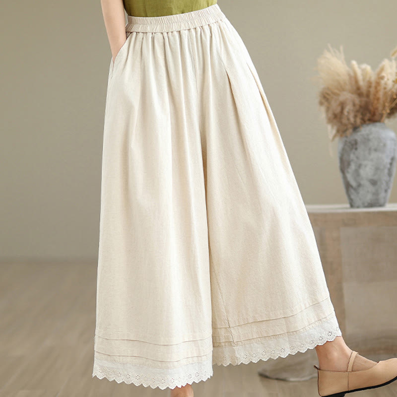 Pantalones de algodón de pierna ancha con bolsillos para mujer, modelo Buddha Stones Commute, diseño sencillo de encaje, largo 7-8. - image 6