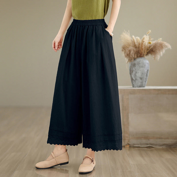 Pantalones de algodón de pierna ancha con bolsillos para mujer, modelo Buddha Stones Commute, diseño sencillo de encaje, largo 7-8. - Negro - US6，UK/AU10，EU38 (XL) - image 11