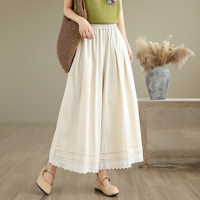 Pantalones de lino y algodón con bolsillos y pierna ancha para mujer, diseño de encaje sencillo, Buddha Stones Commute, longitud 7-8 - Beige - US6，UK/AU10，EU38 (XL) - image 0