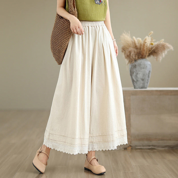 Pantalones de lino y algodón con bolsillos y pierna ancha para mujer, diseño de encaje sencillo, Buddha Stones Commute, longitud 7-8 - Beige - US6，UK/AU10，EU38 (XL) - image 0