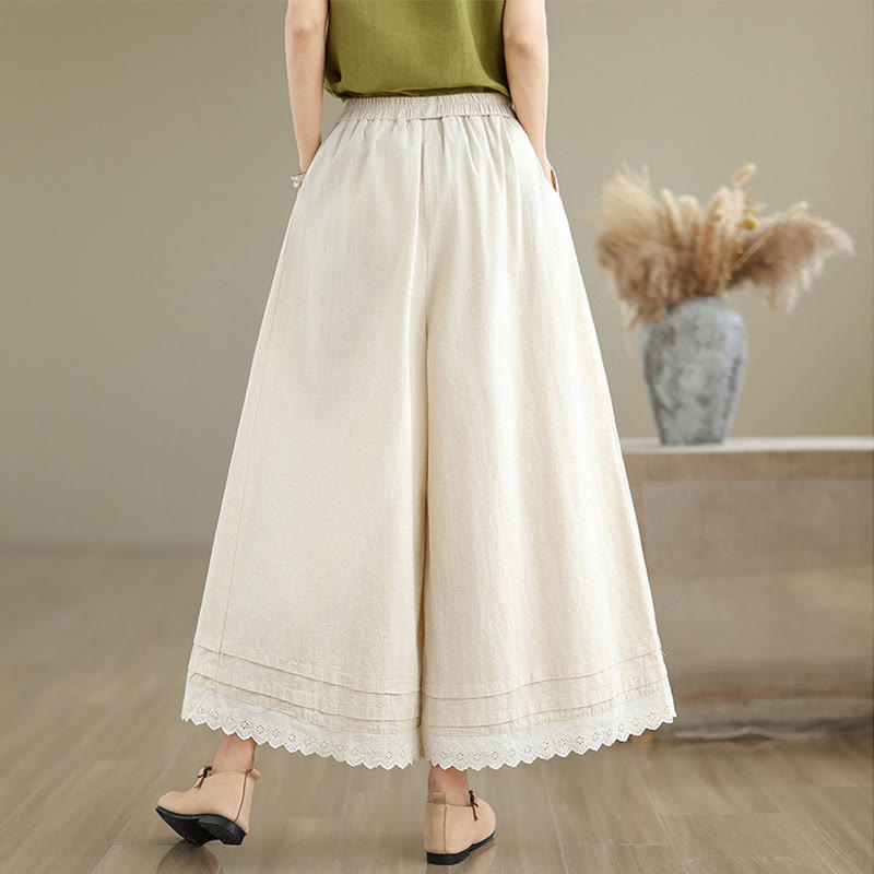 Pantalones de algodón de pierna ancha con bolsillos para mujer, modelo Buddha Stones Commute, diseño sencillo de encaje, largo 7-8. - image 1