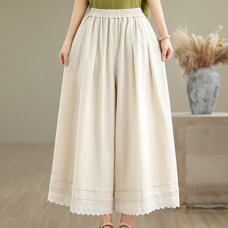 Pantalones de algodón de pierna ancha con bolsillos para mujer, modelo Buddha Stones Commute, diseño sencillo de encaje, largo 7-8. - image 3