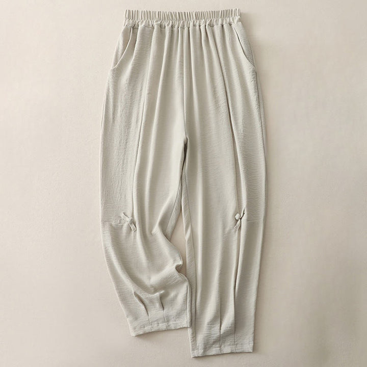 Pantalones casuales Buddha Stones Commute con diseño de botones de rana para mujer, de algodón y lino, de longitud 7-8, con bolsillos - Lino - US8-10，UK/AU12-14，EU40-42 (2XL) - image 0