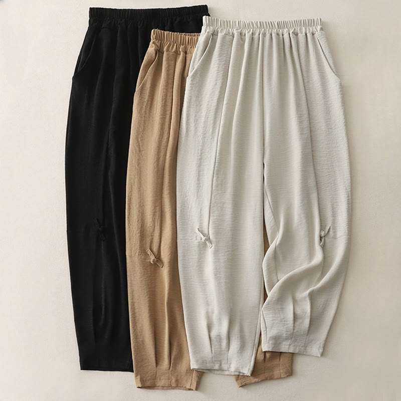 Pantalones casuales Buddha Stones Commute con diseño de botones de rana para mujer, de algodón y lino, de longitud 7-8, con bolsillos - image 18