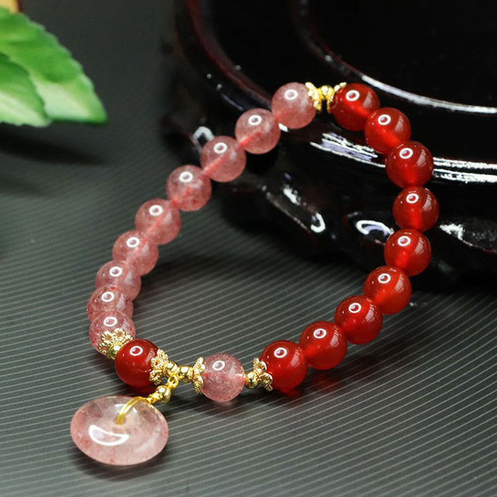 Pulsera de Buddha Stones con cuarzo fresa y ágata roja, hebilla de la paz, buena suerte - image 3