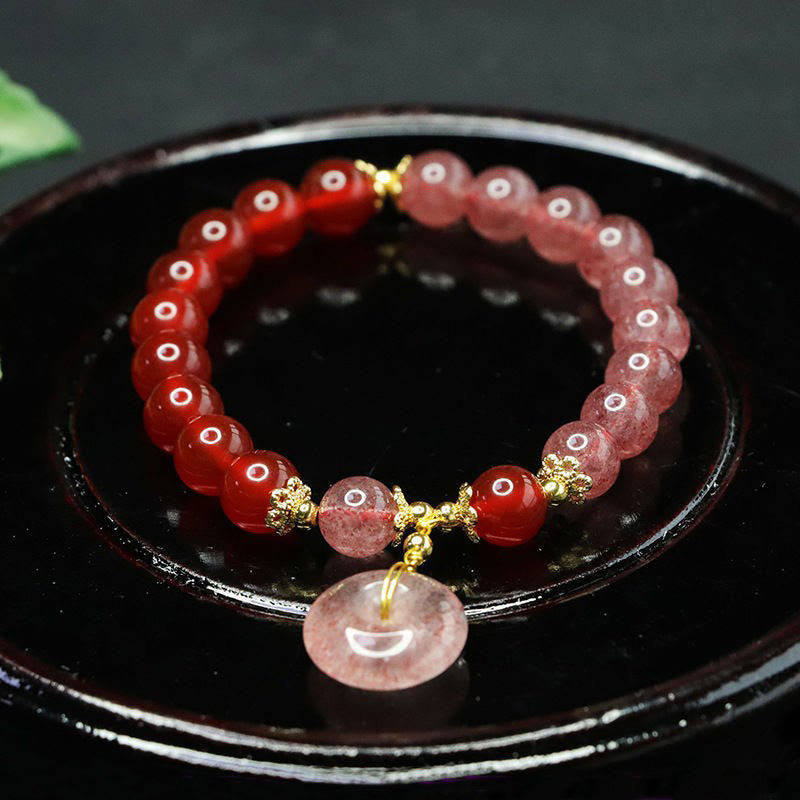 Pulsera de Buddha Stones con cuarzo fresa y ágata roja, hebilla de la paz, buena suerte - Cuarzo fresa y ágata roja (circunferencia de la muñeca: 15-16 cm) - image 1