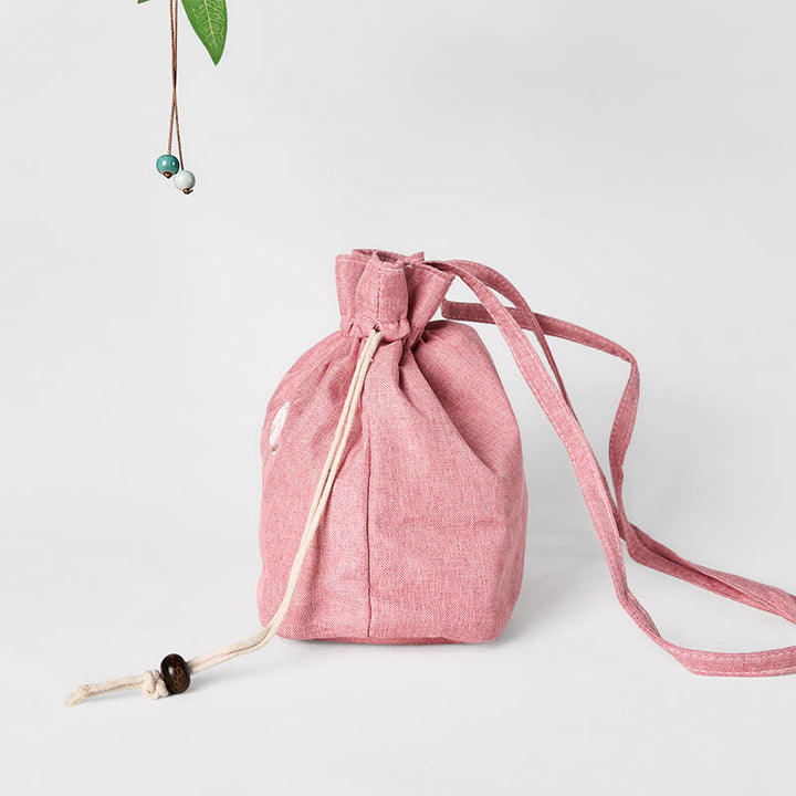 Bolso bandolera de lino y algodón con loto rosa claro bordado con Buddha Stones