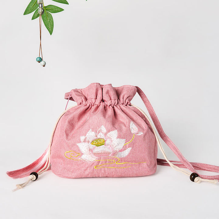 Bolso bandolera de lino y algodón con loto rosa claro bordado con Buddha Stones