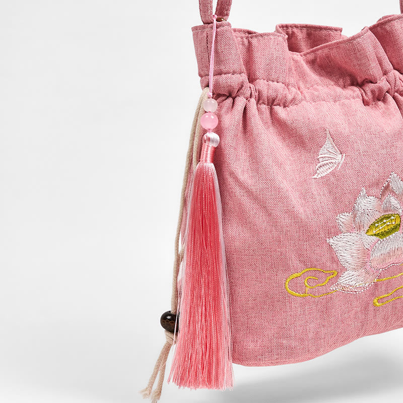 Bolso bandolera de lino y algodón con loto rosa claro bordado con Buddha Stones