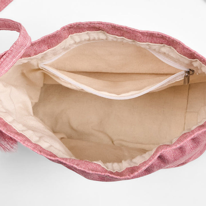 Bolso bandolera de lino y algodón con loto rosa claro bordado con Buddha Stones