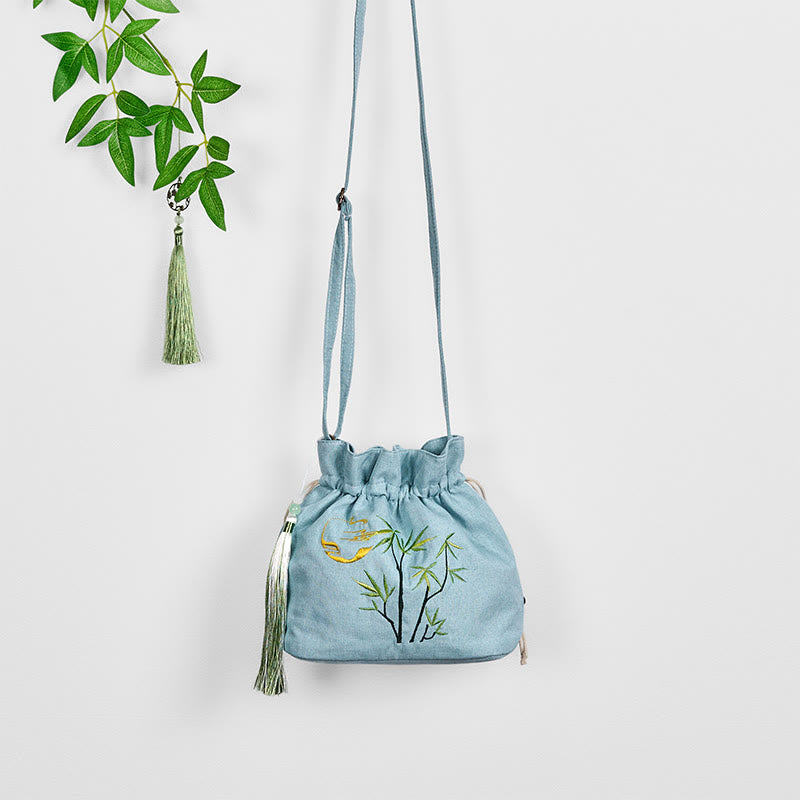 Bolso bandolera de lino y algodón de bambú verde con bordado de Buddha Stones