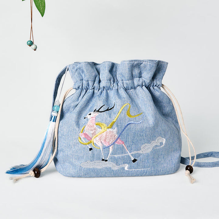 Bolso bandolera de lino y algodón con bordado de Buddha Stones, ciervo azul claro, nubes auspiciosas