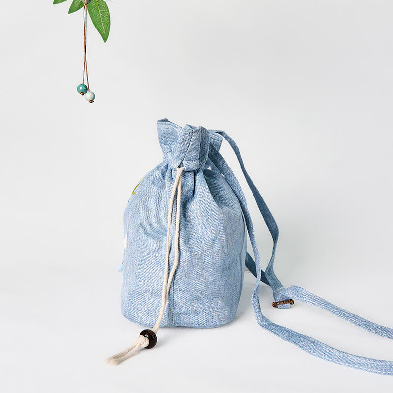 Bolso bandolera de lino y algodón con bordado de Buddha Stones, ciervo azul claro, nubes auspiciosas