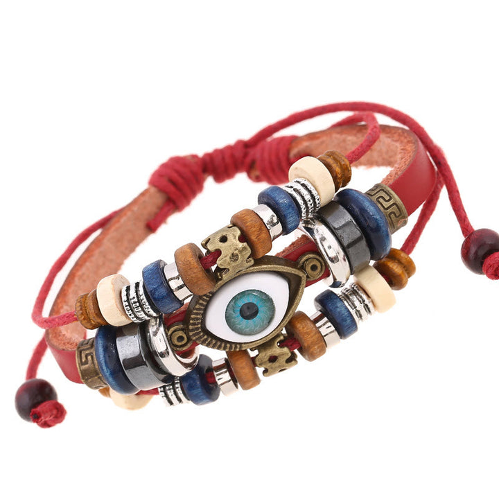 Pulsera de cuero ajustable con protección de ojo malvado tibetano y Buddha Stones