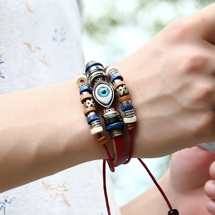 Pulsera de cuero ajustable con protección de ojo malvado tibetano y Buddha Stones