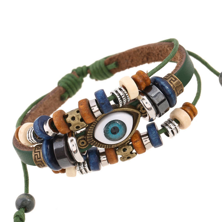 Pulsera de cuero ajustable con protección de ojo malvado tibetano y Buddha Stones