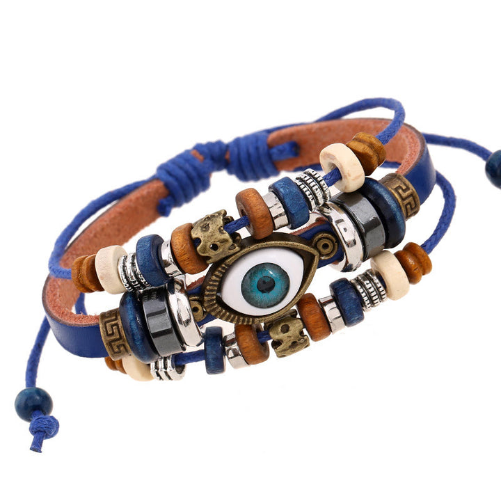 Pulsera de cuero ajustable con protección de ojo malvado tibetano y Buddha Stones