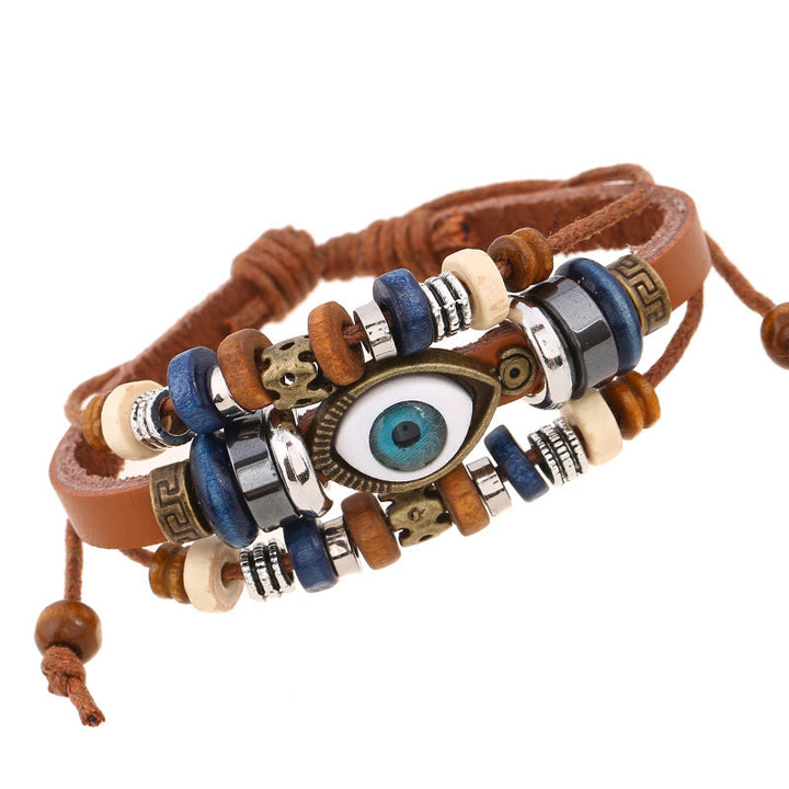 Pulsera de cuero ajustable con protección de ojo malvado tibetano y Buddha Stones