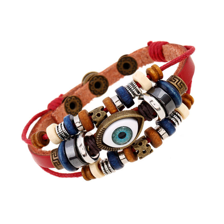 Pulsera de cuero ajustable con protección de ojo malvado tibetano y Buddha Stones
