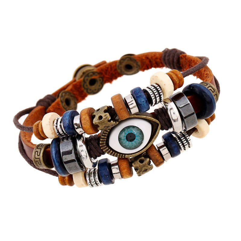 Pulsera de cuero ajustable con protección de ojo malvado tibetano y Buddha Stones