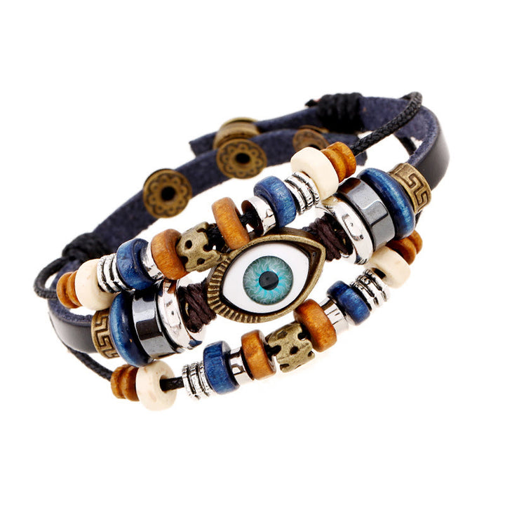 Pulsera de cuero ajustable con protección de ojo malvado tibetano y Buddha Stones