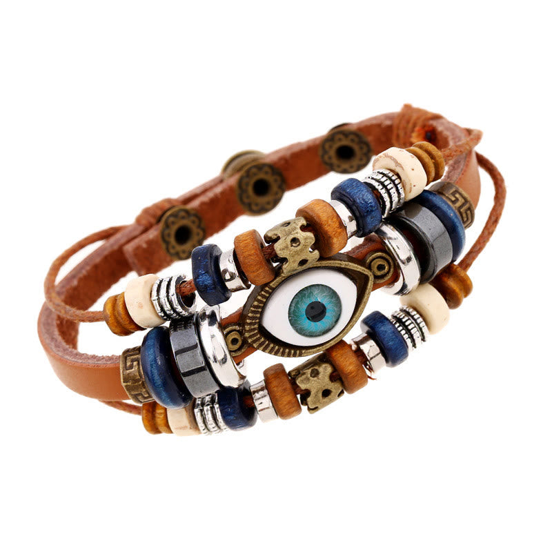Pulsera de cuero ajustable con protección de ojo malvado tibetano y Buddha Stones