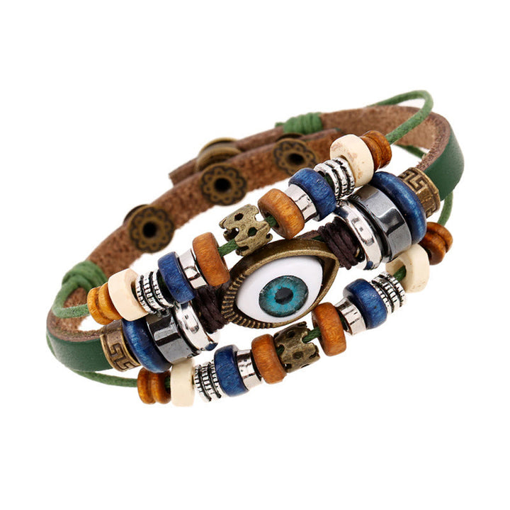 Pulsera de cuero ajustable con protección de ojo malvado tibetano y Buddha Stones