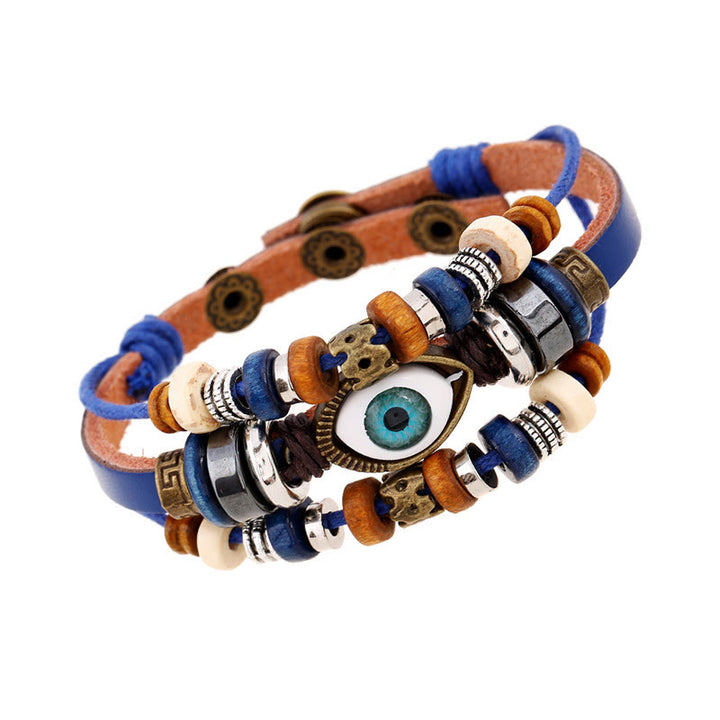 Pulsera de cuero ajustable con protección de ojo malvado tibetano y Buddha Stones