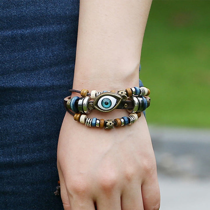 Pulsera de cuero ajustable con protección de ojo malvado tibetano y Buddha Stones
