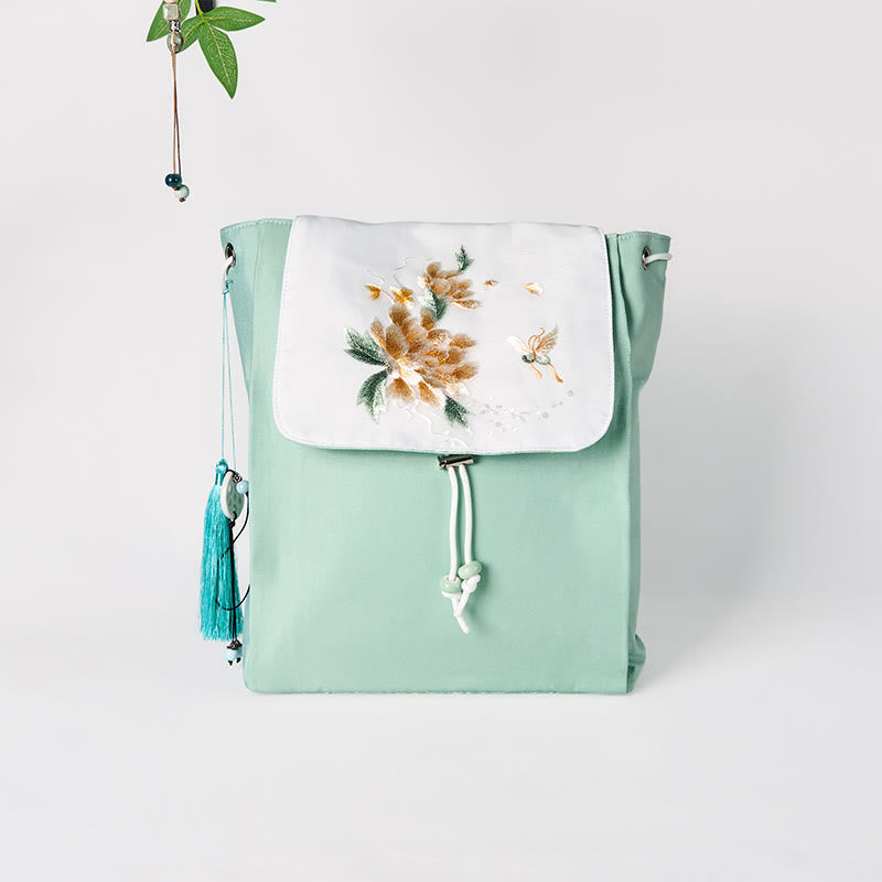 Mochila de lona de gran capacidad con flores de peonía verde bordadas a mano con Buddha Stones