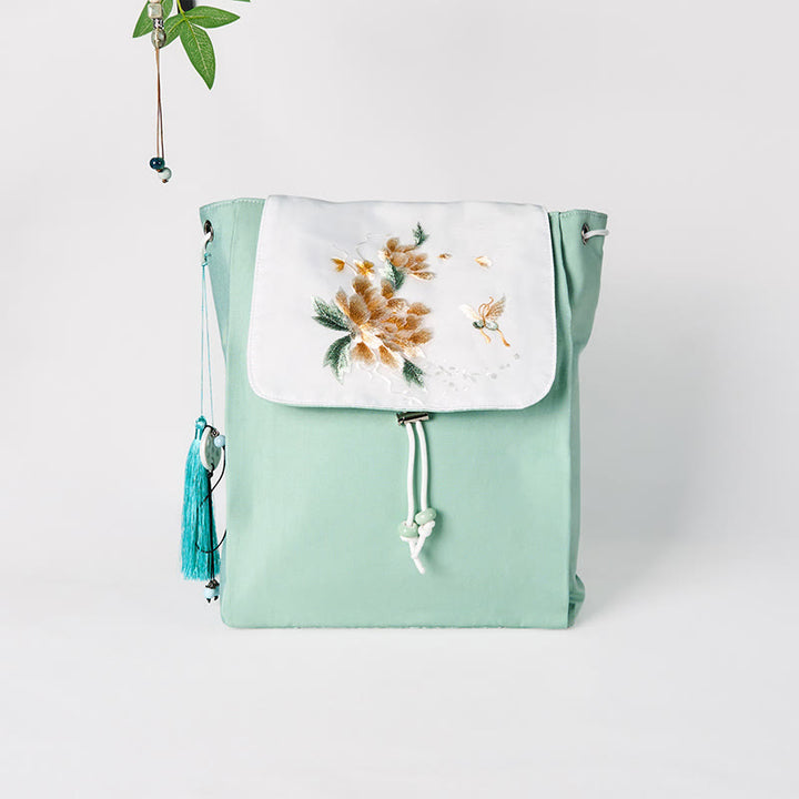 Mochila de lona de gran capacidad con flores de peonía verde bordadas a mano con Buddha Stones