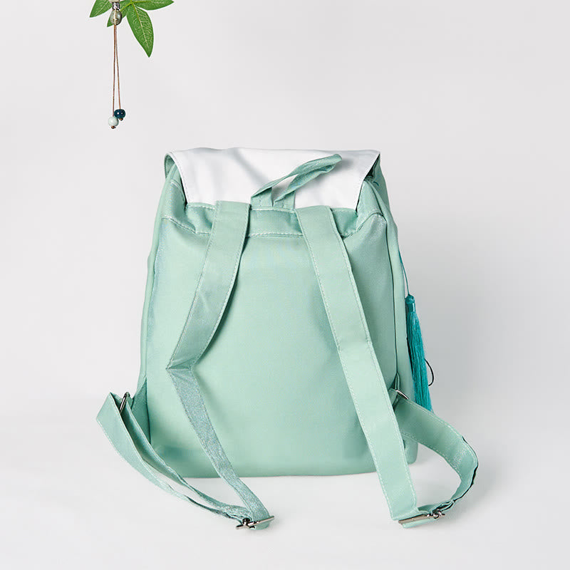 Mochila de lona de gran capacidad con flores de peonía verde bordadas a mano con Buddha Stones