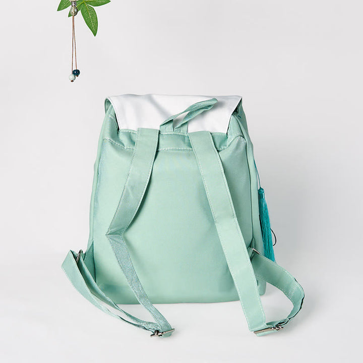 Mochila de lona de gran capacidad con flores de peonía verde bordadas a mano con Buddha Stones