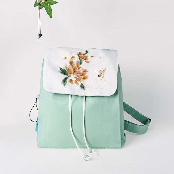 Mochila de lona de gran capacidad con flores de peonía verde bordadas a mano con Buddha Stones