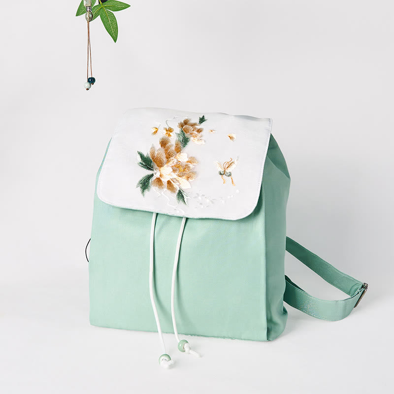 Mochila de lona de gran capacidad con flores de peonía verde bordadas a mano con Buddha Stones