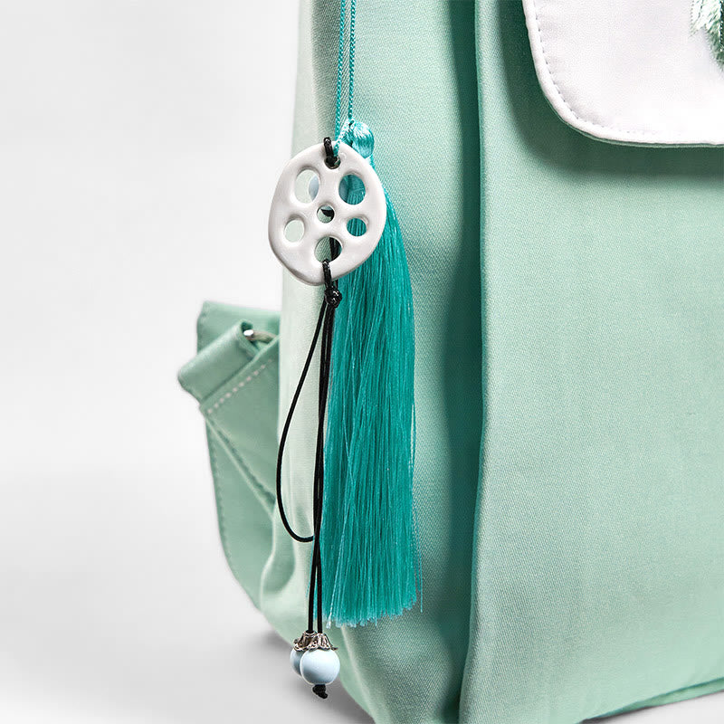 Mochila de lona de gran capacidad con flores de peonía verde bordadas a mano con Buddha Stones