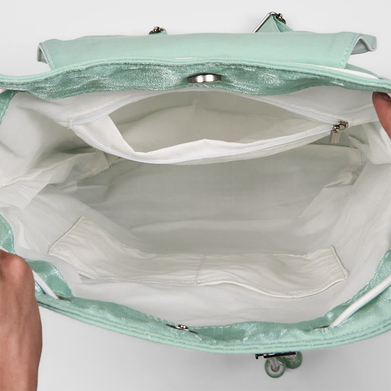 Mochila de lona de gran capacidad con flores de peonía verde bordadas a mano con Buddha Stones