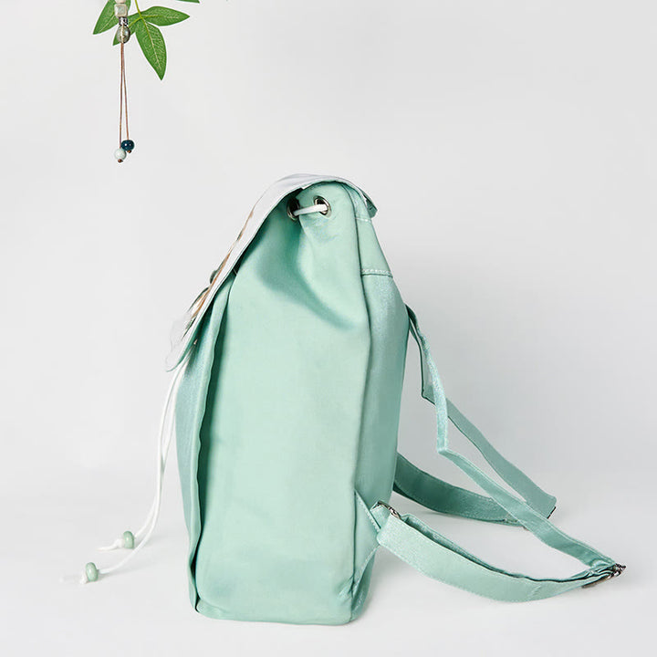Mochila de lona de gran capacidad con flores de peonía verde bordadas a mano con Buddha Stones