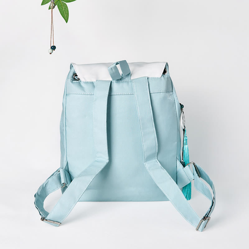 Mochila de lona de gran capacidad con bordado de epifilo azul, hecha a mano con Buddha Stones