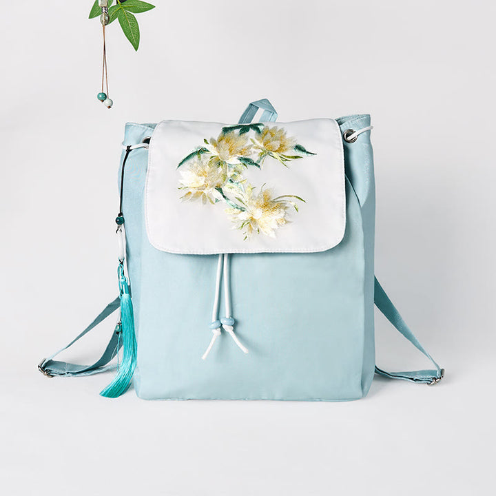 Mochila de lona de gran capacidad con bordado de epifilo azul, hecha a mano con Buddha Stones