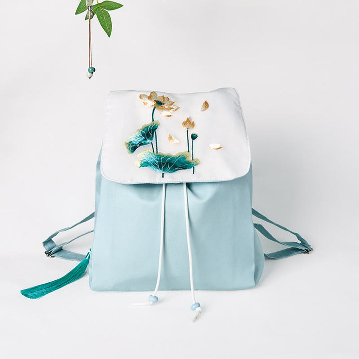 Mochila de lona de gran capacidad bordada con loto azul y Buddha Stones , hecha a mano