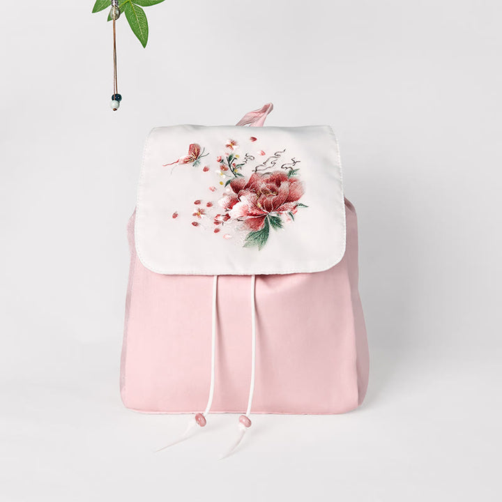 Mochila de lona de gran capacidad bordada con flores de peonía rosa hechas a mano y Buddha Stones