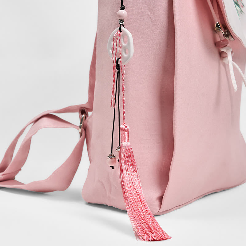 Mochila de lona de gran capacidad bordada con flores de peonía rosa hechas a mano y Buddha Stones