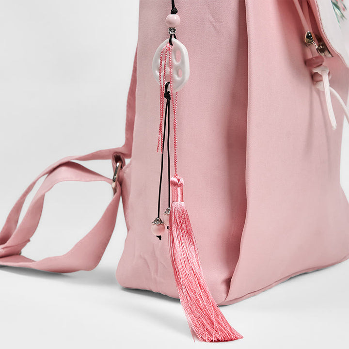 Mochila de lona de gran capacidad bordada con flores de peonía rosa hechas a mano y Buddha Stones