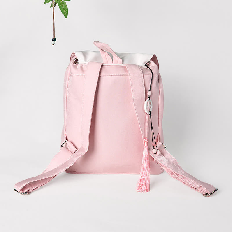 Mochila de lona de gran capacidad bordada con flores de peonía rosa hechas a mano y Buddha Stones