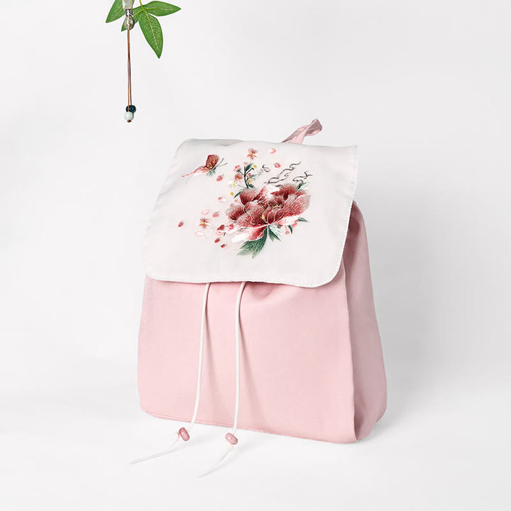 Mochila de lona de gran capacidad bordada con flores de peonía rosa hechas a mano y Buddha Stones