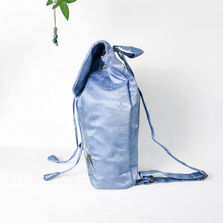 Mochila de poliéster y algodón de gran capacidad con bordado de camelia azul y Buddha Stones , hecha a mano